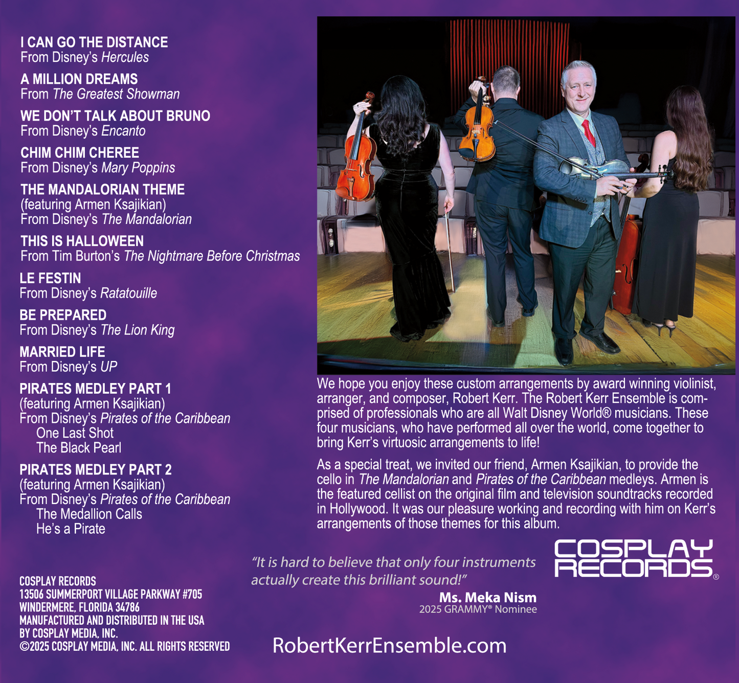 Back Cover of Album listing all tracks in order with description of which movies or tv shows they are from. String quartet photo with instruments and link to website RobertKerrEnsemble.com